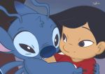  2020 alien antennae_(anatomy) back_spines black_eyes black_hair blue_body blue_claws blue_fur blue_nose brown_eyes carrying child claws clothed clothing disney duo experiment_(lilo_and_stitch) fur hair hi_res human lilo_and_stitch lilo_pelekai looking_at_another m_ssk626 mammal muumuu signature stitch_(lilo_and_stitch) young 
