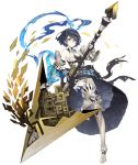  1girl alice_(sinoalice) armored_boots bare_shoulders boots dark_blue_hair eyebrows_visible_through_hair full_body gauntlets hairband huge_weapon ji_no looking_at_viewer official_art pale_skin pocket_watch polearm short_hair sinoalice solo spear tattoo thigh_boots thighhighs transparent_background watch weapon yellow_eyes 