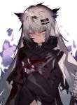  1girl animal_ears arknights bangs black_coat blood blood_on_face bloody_clothes bloody_hands coat eyebrows_visible_through_hair fingerless_gloves gloves grin hair_between_eyes hair_ornament hairclip lappland_(arknights) long_hair long_sleeves scar scar_across_eye simple_background smile solo soukou_makura sword weapon white_background wolf_ears yellow_eyes 