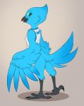  anthro avian beak bird black_beak blue_body blue_eyes blue_feathers butt_pose clothed clothing feathered_wings feathers female garlicflamespitter male pose smile solo tweetfur twitter wings 