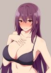  1girl asami_yurumu beige_background black_bra blush bra breasts cleavage eyebrows_visible_through_hair fate/grand_order fate_(series) hand_on_own_chest large_breasts long_hair looking_at_viewer purple_hair red_eyes scathach_(fate)_(all) scathach_(fate/grand_order) simple_background smile solo underwear upper_body 
