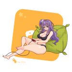  1girl bangs barefoot blue_eyes breasts cleavage controller feet full_body game_controller large_breasts last_origin long_hair looking_at_viewer one_side_up open_mouth purple_hair smile solo sports_bikini t-9_gremlin toriseru_(thesuperhero) 