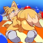  1:1 anthro anus backsack balls butt canid canine clothing fox fur genitals hand_on_butt hi_res legwear looking_at_viewer looking_back male mammal miles_prower mostly_nude multi_tail narrowed_eyes perineum pink_tongue rear_view seductive senshion socks solo sonic_the_hedgehog_(series) tan_body tan_fur tan_tail tongue tongue_out two_tone_tail yellow_body yellow_fur yellow_tail 