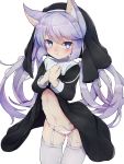  1girl animal_ear_fluff animal_ears ass_visible_through_thighs black_dress blush cat_ears dress dress_lift garter_belt garter_straps habit hands_on_own_chest heart heart-shaped_pupils highres lifted_by_self long_hair navel nun original panties purple_eyes purple_hair pussy_juice simple_background solo symbol-shaped_pupils teranekosu thigh_gap thighhighs thighs twintails underwear white_background white_legwear white_panties 