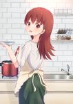  1girl apron bangs brown_eyes brown_hair commentary_request cooking eyebrows_visible_through_hair faucet from_behind green_skirt highres kantai_collection kitchen ladle long_hair looking_at_viewer looking_back ochikata_kage ooi_(kantai_collection) open_mouth pot shirt sink skirt smile solo spice stove white_shirt 