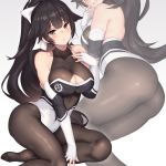  1girl azur_lane black_hair bodystocking bow breasts brown_eyes cleavage_cutout commentary_request cowboy_shot elbow_gloves gloves grey_background hair_bow hair_flaps large_breasts logo long_hair looking_at_viewer multicolored_leotard multiple_views nidy pantyhose ponytail race_queen simple_background takao_(azur_lane) takao_(full_throttle_charmer)_(azur_lane) two-tone_leotard white_bow white_gloves zoom_layer 