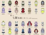  akebono_(kantai_collection) apron bikini bikini_skirt blue_bikini blue_skirt brown_background clothes_writing coat dress happi jacket japanese_clothes kantai_collection kurohiruyume long_sleeves no_humans oboro_(kantai_collection) one-piece_swimsuit pleated_skirt red_apron sazanami_(kantai_collection) shirt shorts simple_background skirt swimsuit translation_request twitter_username ushio_(kantai_collection) waist_apron yellow_apron yellow_shorts 