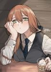  1girl alternate_costume bangs blush brown_hair closed_mouth collared_shirt commentary_request cup dress_shirt drinking_glass girls_frontline green_eyes grey_vest hair_between_eyes hand_on_own_cheek highres holding holding_cup ice ice_cube long_hair long_sleeves looking_to_the_side m1903_springfield_(girls_frontline) necktie seyana shirt sitting table va-11_hall-a vest white_shirt wooden_wall 
