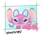  &lt;3 2020 4_fingers air_kiss alien angel_(lilo_and_stitch) antennae_(anatomy) autograph blue_eyes disney experiment_(lilo_and_stitch) eyelashes fingers lilo_and_stitch looking_at_viewer mayoooon_626 multicolored_antennae pawpads pink_antennae pink_body purple_nose purple_pawpads solo two_tone_antennae 