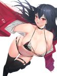  1girl absurdres azur_lane bangs bare_shoulders bikini black_bikini black_choker black_hair black_legwear breasts choker cleavage collarbone commentary_request covered_nipples crossed_bangs halterneck highres jacket jam_(nandade) large_breasts long_hair navel off_shoulder open_mouth red_eyes red_jacket sleeves_past_wrists swimsuit taihou_(azur_lane) taihou_(enraptured_companion)_(azur_lane) thigh_strap thighhighs thighs two_side_up underboob 