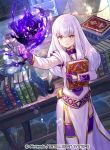  1girl book closed_mouth company_name copyright_name dress fire_emblem fire_emblem:_three_houses fire_emblem_cipher fuji_choko gloves holding holding_book long_hair long_sleeves lysithea_von_ordelia official_art pink_eyes purple_gloves smile solo thighhighs white_hair zettai_ryouiki 