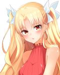  1girl artist_request bangs bare_shoulders blonde_hair blush bow breasts earrings ereshkigal_(fate/grand_order) fate/grand_order fate_(series) hair_bow infinity jewelry long_hair looking_at_viewer medium_breasts open_mouth orange_eyes parted_bangs red_shirt shirt simple_background sleeveless sleeveless_shirt white_background white_bow 