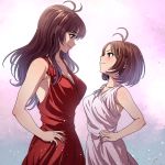  2girls antenna_hair blush breasts brown_eyes brown_hair chiaki_rakutarou closed_mouth collarbone cowboy_shot dress hands_on_hips hidaka_ai hidaka_mai highres idolmaster idolmaster_dearly_stars long_hair looking_at_another medium_breasts multiple_girls pink_hair red_dress short_hair sleeveless smile 