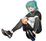  1boy blue_hair blush full_body hair_over_one_eye inazuma_eleven inazuma_eleven_(series) jacket kazemaru_ichirouta long_hair looking_at_viewer open_mouth ponytail shoes shorts simple_background sitting smartwatch smile sneakers solo spandex sportswear tomo_(sjim) white_background 