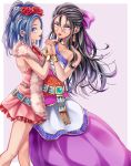  2girls absurdres alternate_hairstyle atarime_(atarimemakaron) black_hair blue_eyes blue_hair border bow bracelet commentary_request cosplay costume_switch deborah deborah_(cosplay) dragon_quest dragon_quest_v dress earrings eyelashes feather_boa flora flora_(cosplay) flower grey_background hair_bow hair_flower hair_ornament hair_up highres holding_hands jewelry lipstick long_hair looking_at_viewer makeup multiple_girls pink_dress purple_bow purple_dress red_flower red_lipstick red_rose rose short_dress siblings single_bare_shoulder sisters sleeveless sleeveless_dress white_border 