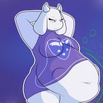  1:1 abdominal_bulge after_vore ambiguous_gender ambiguous_prey anthro anthro_pred belly big_breasts boss_monster bovid breasts caprine clothed clothing digestion dress female female_pred fur hands_behind_head hi_res horn mammal meloeatta monotone_body monotone_fur navel oral_vore purple_background purple_clothing purple_dress red_eyes rumbling_stomach same_size_vore simple_background soft_vore solo standing toriel undertale video_games vore white_body white_fur wide_hips 