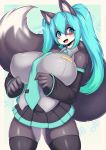  anthro big_breasts blue_hair blush bottomwear breasts canid canine clothing dipstick_tail female hair hatsune_miku hi_res huge_breasts mammal multicolored_tail necktie skirt solo tailzkim vocaloid 