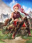  1girl axe blue_sky brown_eyes cloud company_name copyright_request day fire_emblem fire_emblem:_three_houses fire_emblem_cipher full_body grass kyouka_hatori long_hair official_art outdoors parted_lips petra_macneary ponytail purple_hair rock sitting sky solo tent 