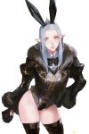  1girl animal_ears black_legwear blue_eyes bow bowtie bunny_ears coat cowboy_shot elezen elf final_fantasy final_fantasy_xiv frischenq fur_trim gloves hand_on_hip leotard long_hair long_sleeves looking_at_viewer parted_lips pointy_ears solo thighhighs white_background white_hair 