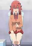  1girl @_@ black_shirt cardigan gabriel_dropout hair_ornament hair_rings kurumizawa_satanichia_mcdowell necktie nervous nervous_smile panties plaid plaid_skirt red_eyes red_hair salpin school_uniform shirt sitting skirt striped striped_panties sweat toilet toilet_use trash_can underwear 