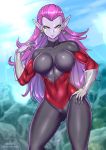  1girl artist_name black_bodysuit blue_sky bodysuit breasts breasts_apart cloud cocotte_(dragon_ball) dragon_ball dragon_ball_super earrings english_commentary gloves hand_on_hip jewelry large_breasts lipstick long_hair looking_at_viewer makeup multicolored multicolored_bodysuit multicolored_clothes muscle patreon_username pointy_ears purple_hair purple_lipstick purple_skin red_bodysuit redjet sky solo very_long_hair watermark web_address white_gloves yellow_eyes 