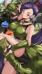  1girl bare_shoulders black_gloves boots breasts collarbone dragon_quest dragon_quest_xi fighting_stance fingerless_gloves gloves green_footwear green_gloves green_shirt hair_ornament hair_scrunchie high_ponytail highres knee_boots large_breasts leg_up long_hair long_ponytail maou_(maoudaisukiya) martina_(dq11) midriff o-ring o-ring_top one_eye_closed ponytail purple_eyes purple_hair red_scrunchie scrunchie shirt sleeveless sleeveless_shirt slime_(dragon_quest) solo two-tone_gloves very_long_hair waist_cape 