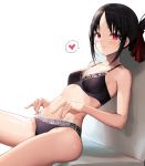  1girl bangs black_bra black_hair black_panties bra breasts cowboy_shot folded_ponytail greem_bang hair_ribbon heart highres kaguya-sama_wa_kokurasetai_~tensai-tachi_no_renai_zunousen~ looking_at_viewer panties parted_bangs red_eyes red_ribbon ribbon shinomiya_kaguya sidelocks sitting small_breasts solo spoken_heart underwear underwear_only 