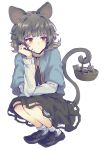  1girl animal_ears bangs basket black_footwear blue_cape blush cape capelet dress eyebrows_visible_through_hair grey_dress grey_hair grey_skirt hand_on_own_face highres jewelry long_sleeves mouse mouse_ears mouse_tail nazrin pendant red_eyes shirt shoes short_hair skirt skirt_set socks solo tail touhou uranaishi_(miraura) white_background white_legwear white_shirt 