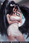  1girl albedo black_hair breast_hold breasts highres horns long_hair looking_at_viewer luminyu overlord_(maruyama) solo twitter_username wings 
