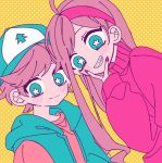  1boy 1girl brother_and_sister brown_hair dipper_pines gravity_falls hairband halftone hand_up hat highres long_hair looking_at_viewer mabel_pines milk_o no_nose pink_hairband pink_nails pink_sweater short_hair siblings star-shaped_pupils star_(symbol) sweater symbol-shaped_pupils twins vest yellow_background 