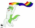  absurd_res anthro canid canine canis digital_media_(artwork) ears_up fidget_the_fox fox fur green_body green_eyes green_fur handpaw hi_res lgbt_pride male mammal pawpads paws pride_colors rainbow_flag rainbow_pride_flag rainbow_symbol relaxelis running signature simple_background smile solo tongue white_body white_fur 