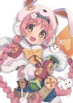  1girl animal_ears belt blue_shorts bow braid brown_eyes bunny_ears capelet carrot fake_animal_ears flower fur_trim hair_flower hair_ornament hairband hat highres long_hair mimi_(princess_connect!) mittens open_mouth pink_capelet pink_hair pink_shirt princess_connect! princess_connect!_re:dive red_mittens ribbon shirt shorts smile solo sword twin_braids twintails very_long_hair wagashi928 weapon white_headwear 