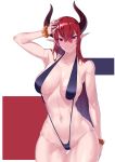  1girl abs armpits bangs bare_shoulders black_swimsuit blush breasts collarbone hand_on_head highres horns large_breasts long_hair looking_at_viewer mrnn original pink_eyes pointy_ears red_hair scrunchie slingshot slingshot_swimsuit smile swimsuit thighs wet wrist_scrunchie 