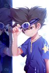  1boy adjusting_goggles blue_shirt brown_eyes brown_hair digimon digimon_adventure goggles goggles_on_head hand_up highres hmniao male_focus reflection shirt short_sleeves smile spiked_hair star_(symbol) star_print upper_body yagami_taichi 