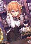  1girl adjusting_hair alcohol bangs bar bartender black_skirt brown_hair cherry cocktail_glass collared_shirt commentary_request counter cup dress_shirt drinking_glass eyebrows_visible_through_hair flower food food_in_mouth fruit gochuumon_wa_usagi_desu_ka? hair_behind_ear hair_between_eyes hair_flower hair_ornament hair_tucking hairclip highres hoto_cocoa ks leaning_forward long_hair long_sleeves miniskirt older partial_commentary pencil_skirt purple_eyes shirt sidelocks skirt striped striped_neckwear vest 