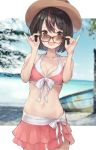  1girl :d absurdres bare_shoulders bikini black_hair blurry breasts brown_eyes brown_headwear cleavage collarbone cowboy_shot depth_of_field front-tie_bikini front-tie_top hands_on_eyewear hands_up hat highres isegawa_yasutaka looking_at_viewer medium_breasts midriff miniskirt multicolored_hair navel open_mouth original pink_bikini pink_skirt red-framed_eyewear short_hair skirt smile solo stomach streaked_hair sun_hat sunglasses swimsuit 