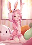  1girl animal_ears animal_hood arm_up barefoot bed bedroom braid brown_eyes bunny_ears bunny_tail curtains fake_animal_ears hand_to_own_mouth highres hood indoors kneeling long_hair mimi_(princess_connect!) one_eye_closed onesie open_mouth pink_hair princess_connect! princess_connect!_re:dive setmen shorts sleepwear sleepy solo stretch stuffed_toy tail tears twin_braids twintails very_long_hair window yawning 