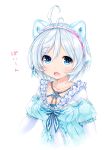  1girl ahoge animal_ears blue_dress blue_eyes breasts cat_ears dennou_shoujo_youtuber_siro dress fake_animal_ears frilled_dress frills hair_ornament hairband hairclip headgear highres open_mouth short_hair silver_hair simple_background siro_(dennou_shoujo_youtuber_siro) solo tamase_tama upper_body virtual_youtuber white_background 