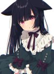  1girl animal_ears bangs black_bow black_hair blunt_bangs blush bow cat_ears chromatic_aberration frilled_sleeves frills highres long_hair long_sleeves looking_at_viewer mamyouda original parted_lips pink_eyes simple_background solo upper_body white_background 