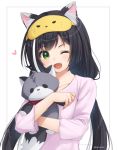  1girl ;d animal_ear_fluff animal_ears anz32 black_hair cat_ears collarbone eyebrows_visible_through_hair green_eyes heart holding holding_stuffed_animal karyl_(princess_connect!) long_hair long_sleeves looking_at_viewer low_twintails multicolored_hair one_eye_closed open_mouth pink_pajamas princess_connect! princess_connect!_re:dive smile solo streaked_hair stuffed_animal stuffed_cat stuffed_toy twintails twitter_username white_background white_hair 
