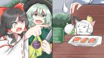  4girls animalization black_hair black_hairband black_headwear bob_cut bow cat closed_eyes collared_shirt crown crying crying_with_eyes_open detached_sleeves green_eyes green_hair hair_tubes hairband hakurei_reimu hat japanese_clothes knife komeiji_koishi konpaku_youmu konpaku_youmu_(ghost) long_hair long_sleeves meme miko multiple_girls nontraditional_miko pointing red_bow red_eyes ribbon rinirim saigyouji_yuyuko shirt short_hair shouting tears third_eye touhou wavy_hair white_hair woman_yelling_at_cat yellow_ribbon 