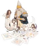 1boy 4girls beard brown_hair child_drawing company_captain_yorshka cracked_egg crayon crown dark_souls_(series) dark_souls_i dark_souls_iii donar0217 dragon_girl dragon_tail facial_hair father_and_daughter filianore_(dark_souls) grey_hair gwyn_lord_of_cinder long_hair multiple_girls papers priscilla_the_crossbreed queen_of_sunlight_gwynevere sleeping tail white_hair 