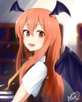  absurdres bangs bat_wings black_dress book bookshelf collared_shirt demon_girl demon_wings dress eyes_visible_through_hair fang head_wings highres holding holding_book koakuma library long_hair looking_at_viewer looking_to_the_side red_eyes red_hair shirt short_sleeves succubus sunlight tobiuo_(fchain82) touhou vest white_shirt wings 