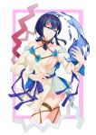  1girl absurdres bangs bare_shoulders black_hair blue_eyes blue_ribbon blush breasts closed_mouth collarbone darling0221 dress fate/grand_order fate/requiem fate_(series) highres jewelry large_breasts long_sleeves looking_to_the_side magatama magatama_hair_ornament medium_hair multicolored_hair necklace pelvic_curtain pink_hair puffy_long_sleeves puffy_sleeves ribbon short_dress sideboob sideless_outfit smile streaked_hair thighs utsumi_erise water white_background white_dress 