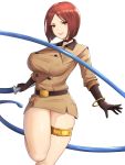  belt belt_buckle bob_cut breasts buckle highres large_breasts military military_uniform nyatokanyaru red_eyes red_hair the_king_of_fighters thigh_strap thighs uniform whip whip_(kof) white_background 