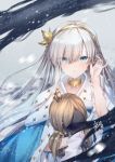  1girl anastasia_(fate/grand_order) bangs blue_eyes blush breasts cape collarbone commentary crown doll dress eyebrows_visible_through_hair fate_(series) fur_trim gogatsu_fukuin hair_between_eyes hair_ornament hair_over_one_eye hairband highres holding jewelry long_hair looking_at_viewer mini_crown object_hug parted_lips royal_robe silver_hair solo symbol_commentary teeth translation_request very_long_hair white_dress 