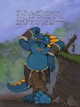  2020 4_toes 5_fingers anthro armor arms_tied belly belt_buckle biceps big_belly blue_body blue_scales bottomwear bound brown_body brown_bottomwear brown_clothing brown_pants brown_scales claws cliff clothed clothing detailed_background dialogue dragon dress duo english_text eyes_closed female fingers flexing forest grass hat headgear headwear hi_res horn jewelry kclt kobold larger_male leaning male male_focus necklace outside overweight overweight_male pants purple_clothing purple_dress restrained scales size_difference smaller_female solo_focus suspension text toes tongue tongue_out tree vambraces yellow_horn 