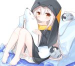  1girl animal_hood bare_legs barefoot bird black_jacket blush brown_eyes bunny_girl_(yuuhagi_(amaretto-no-natsu)) closed_mouth commentary_request holding holding_stuffed_animal hood hood_up hooded_jacket jacket knees_up long_hair long_sleeves original penguin penguin_hood pillow simple_background sitting solo stuffed_animal stuffed_seal stuffed_toy very_long_hair white_background white_hair wide_sleeves yuuhagi_(amaretto-no-natsu) 