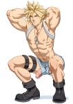  1boy abs arms_behind_head black_footwear blonde_hair blue_eyes boots boxers censored cloud_strife dog_tags english_commentary final_fantasy final_fantasy_vii final_fantasy_vii_remake male_focus male_underwear mosaic_censoring muscle nipples parted_lips penis schizoid shirt shirt_lift shirt_over_head simple_background solo spiked_hair squatting sweat testicle_peek thigh_strap underwear white_background white_shirt 