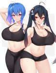  2girls ahoge arm_behind_back arm_behind_head arm_up azur_lane bangs bare_shoulders black_hair black_pants black_shorts black_sports_bra blue_hair breasts cleavage closed_mouth collarbone commentary_request cowboy_shot crossed_bangs eyebrows_visible_through_hair finger_to_chin hair_between_eyes hair_ribbon highres kuavera large_breasts licking_lips long_hair looking_at_viewer low_tied_hair manjuu_(azur_lane) midriff multicolored_hair multiple_girls navel pants pink_eyes ribbon shorts side_ponytail smile sports_bra st._louis_(azur_lane) standing stomach taihou_(azur_lane) thighs toned tongue tongue_out twintails yoga_pants 